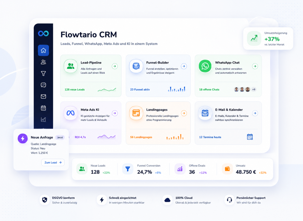 Flowtario Produktvorschau mit Dashboard, Formularen und Kommunikation
